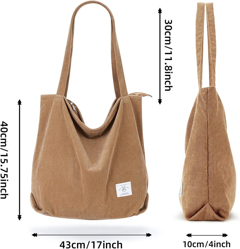 KALIDI FANCY FOREST KALIDI Women Corduroy Tote Bag Zipper Casual Tote's Handbag Big Capacity Shoulder Bag with Pockets - Image 3